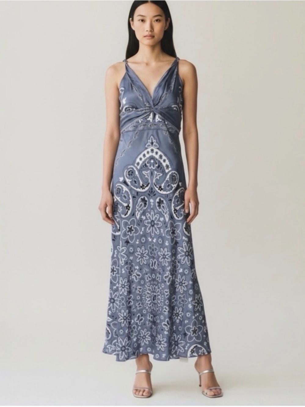 Caroline Constas Blue and White Floral & Paisley Twist Maxi Dress